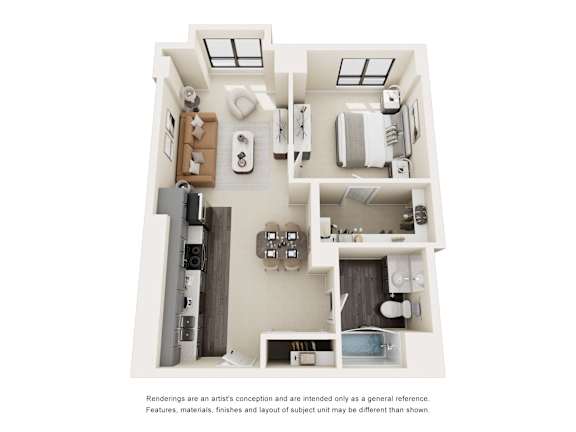 A floor plan of a house with a kitchen, living room, and two bedrooms.