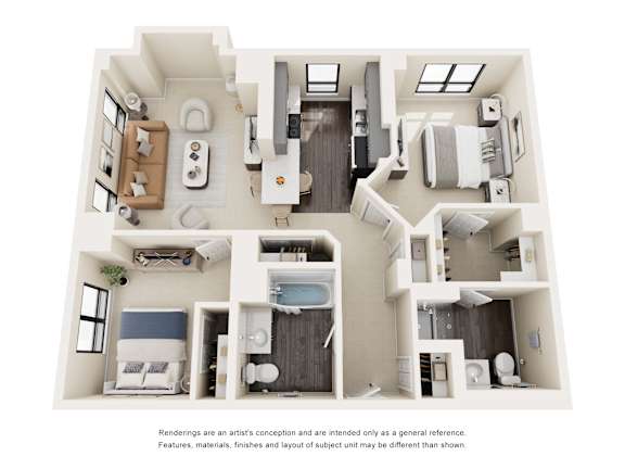 A floor plan of a house with multiple rooms and bathrooms.