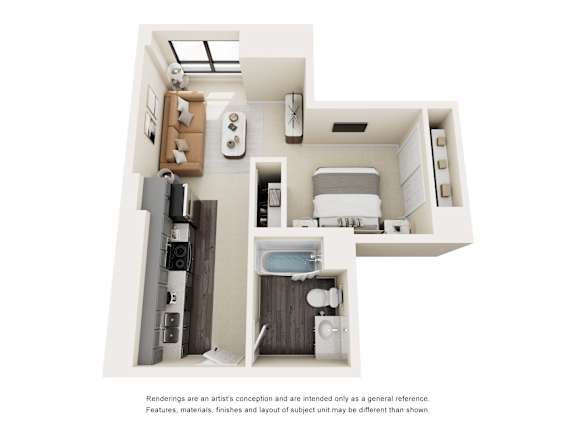A 3D rendering of a modern, minimalist apartment layout.
