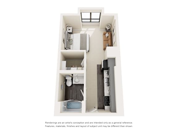 A floor plan of a small apartment with a kitchen, living room, and bathroom.