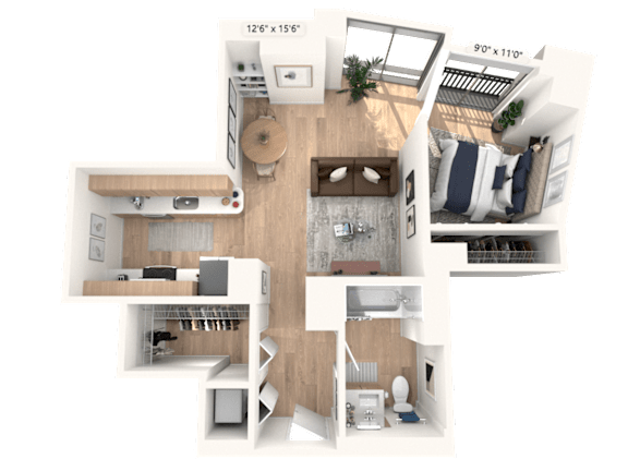 A 3D floor plan of a junior one bedroom apartment with a living room, kitchen, and bathroom.
