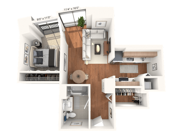 A 3D floor plan of an apartment showing the layout of the rooms.