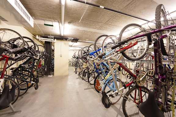 A bike shop with many bikes on display.