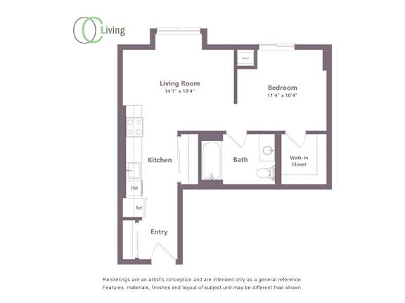 a floor plan of a unit with a bedroom and a living room