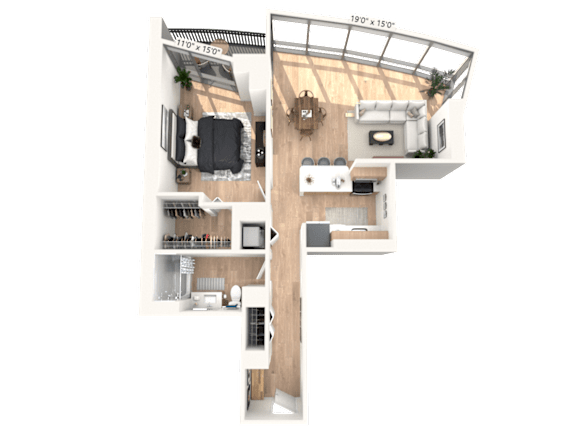 A top-down view of a two-bedroom apartment with a balcony.