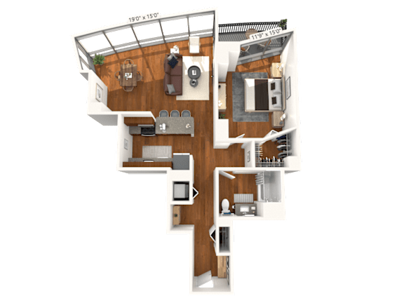 A 3D floor plan of an apartment with a kitchen, living room, and two bedrooms.