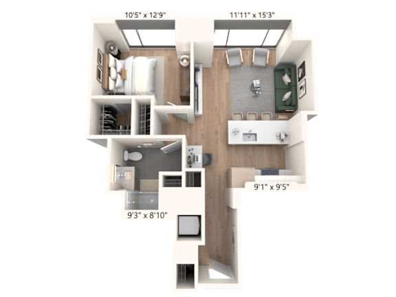 3D floor plan with two bedrooms and open layout at Cassidy on Canal Apartments, Chicago, 60606