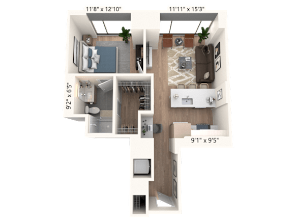 3D floor plan with two bedrooms and bathroom at Cassidy on Canal Apartments, Chicago, Illinois