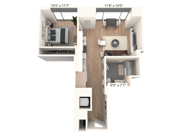 3D floor plan of one bedroom apartment with bathroom at Cassidy on Canal Apartments, Illinois