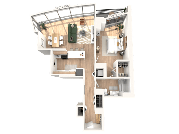 A 3D floor plan of an apartment with a kitchen, living room, and bathroom.