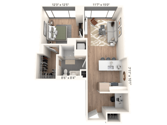 3D floor plan of one bedroom apartment with balcony at Cassidy on Canal Apartments, Illinois, 60606
