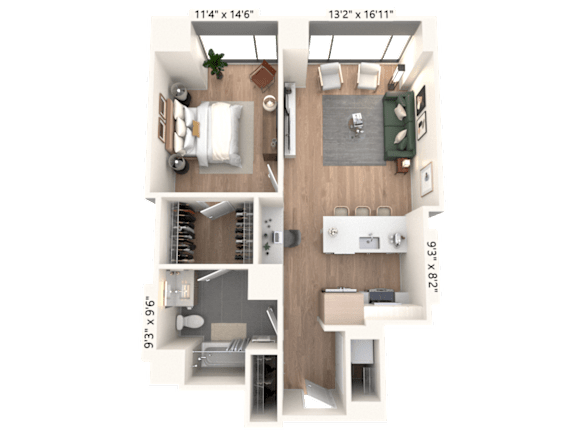 3D floor plan of one bedroom one bathroom layout at Cassidy on Canal Apartments, Chicago, IL 60606