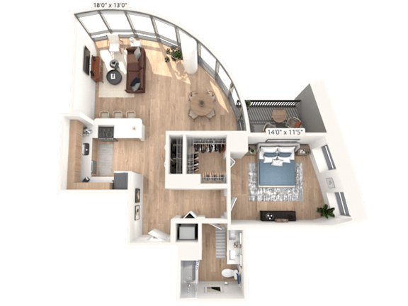 A 3D floor plan of an apartment with a living area, kitchen, and bedrooms.