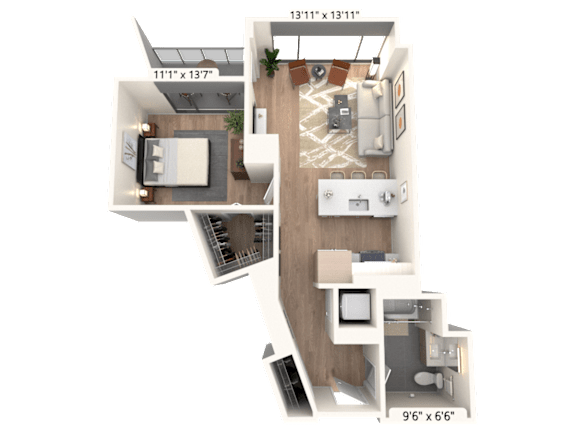 3D floor plan with bedroom and balcony at Cassidy on Canal Apartments, Chicago, IL