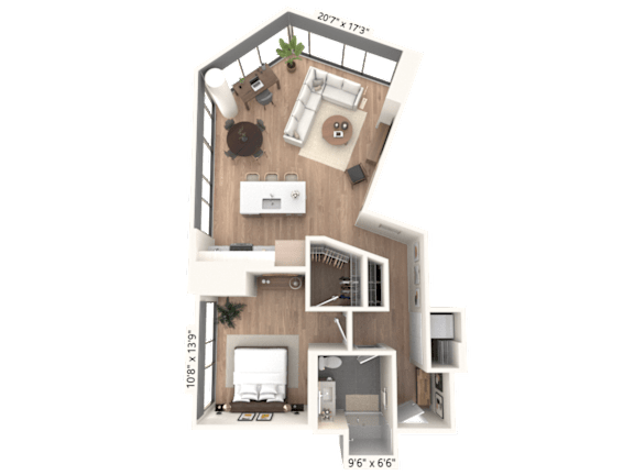 3D floor plan with open living area and spiral staircase at Cassidy on Canal Apartments, Chicago, 60606