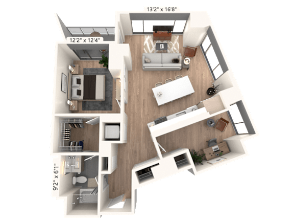 3D floor plan with bedroom and open living area at Cassidy on Canal Apartments, Chicago, Illinois