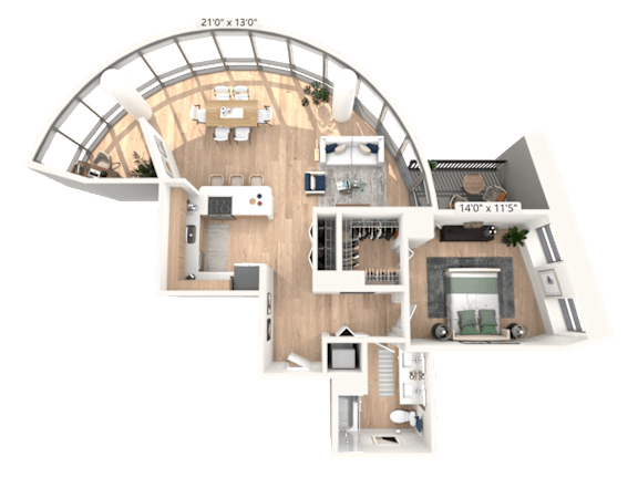 A 3D floor plan of a house with a living room, kitchen, and two bedrooms.