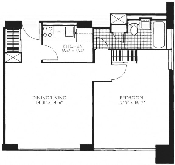 1 Bedroom 1 Bath 613-632 Sq.Ft. One Bedroom Floor Plan at Twin Towers, IL, 60615