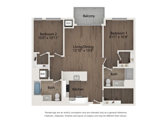 oakdale floor plan | 2 bedroom with 2 bath | 1126 square feet | the mel