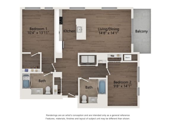 a floor plan of the acadia with a brown shiplap accent wall
