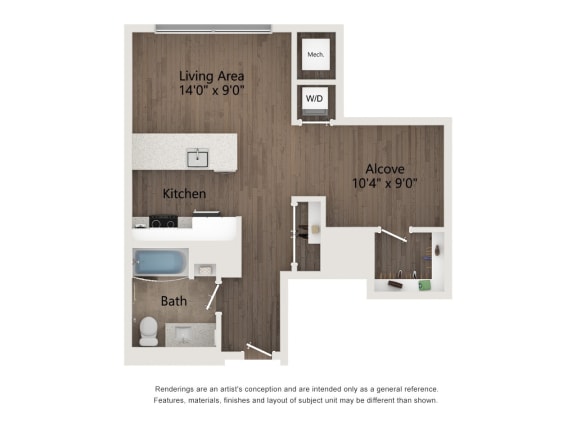 a bedroom with a bed and a dresser with a mirror on the wall