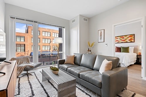 a living room with a couch and a coffee table
