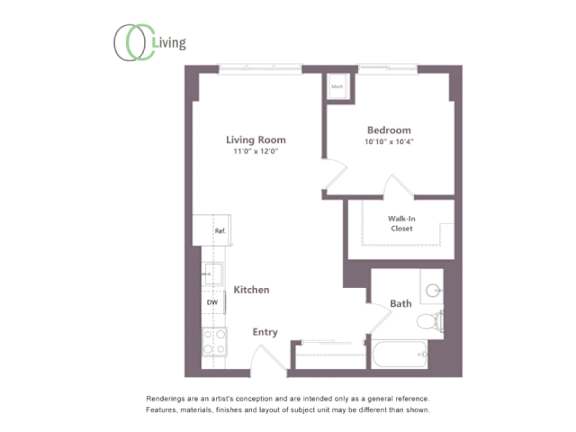 A floor plan of a living room, kitchen, and bedroom.