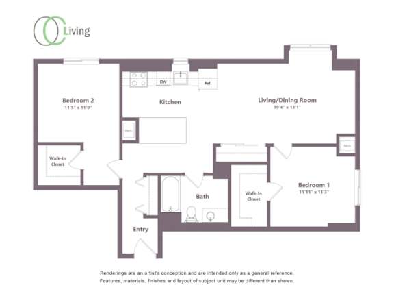 A floor plan of a living space with two bedrooms, a kitchen, and a living/dining room.