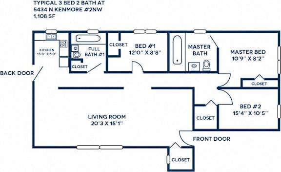 A floor plan of a typical 3 bedroom, 2 bathroom apartment.