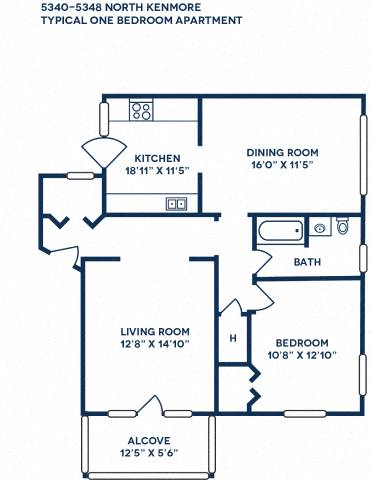 A floor plan of a one bedroom apartment with a living room, bedroom, kitchen, dining room and bathroom.