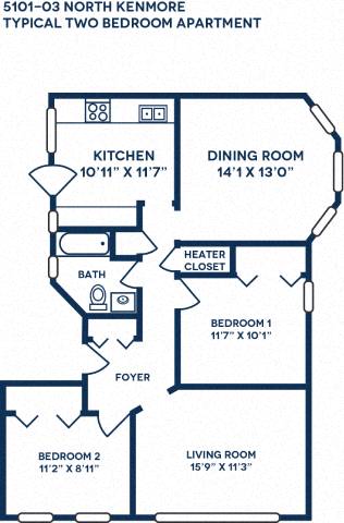 A floor plan of a 5101-03 North Kenmore typical two bedroom apartment.