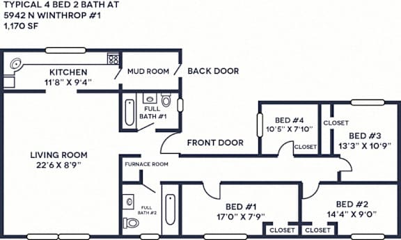 A floor plan of a 4 bedroom, 2 bathroom apartment.