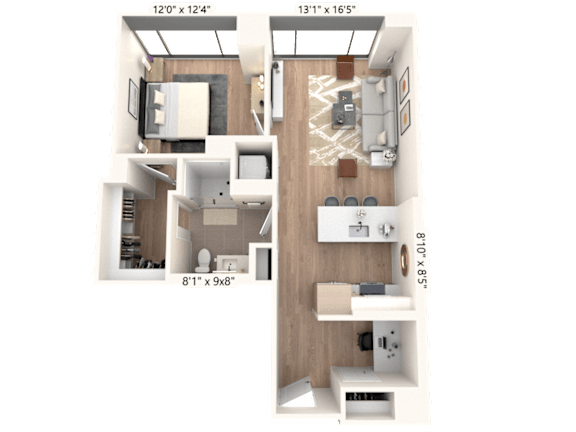 3D floor plan of two bedroom apartment layout at Cassidy on Canal Apartments, Chicago