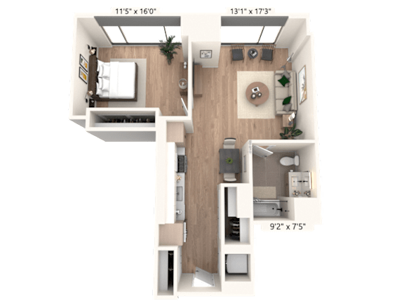 3D floor plan of one bedroom open concept apartment at Cassidy on Canal Apartments, Illinois