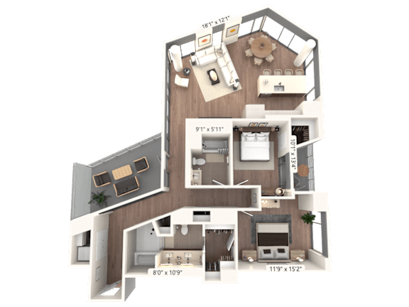 Floor plan of two bedroom apartment layout at Cassidy on Canal Apartments, Illinois, 60606