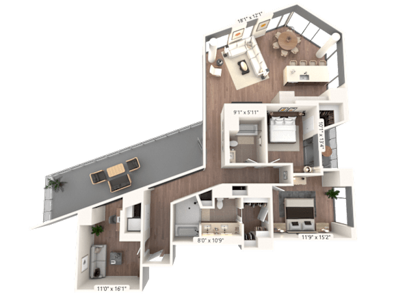 Floor plan with two bedrooms and balcony at Cassidy on Canal Apartments, Chicago, IL 60606