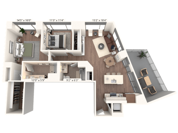 3D floor plan with two bedrooms and balcony at Cassidy on Canal Apartments, Chicago, IL