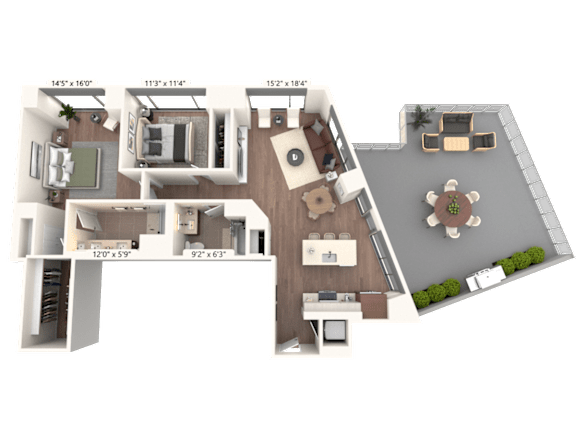3D floor plan with two bedrooms and rooftop terrace at Cassidy on Canal Apartments, Chicago, 60606