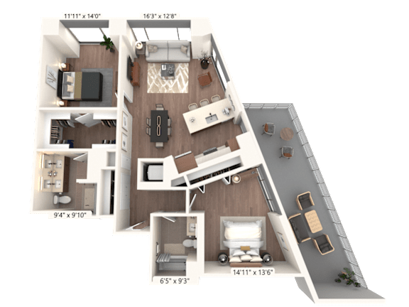 3D floor plan of two bedroom apartment with balcony at Cassidy on Canal Apartments, Chicago, Illinois