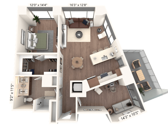 3D floor plan with two bedrooms and living room at Cassidy on Canal Apartments, Chicago