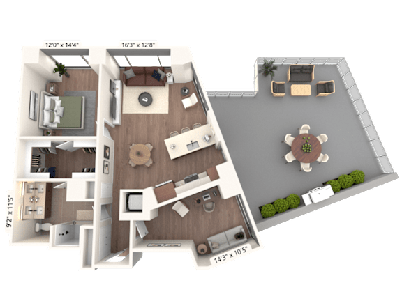 3D floor plan with bedroom and outdoor terrace at Cassidy on Canal Apartments, Illinois