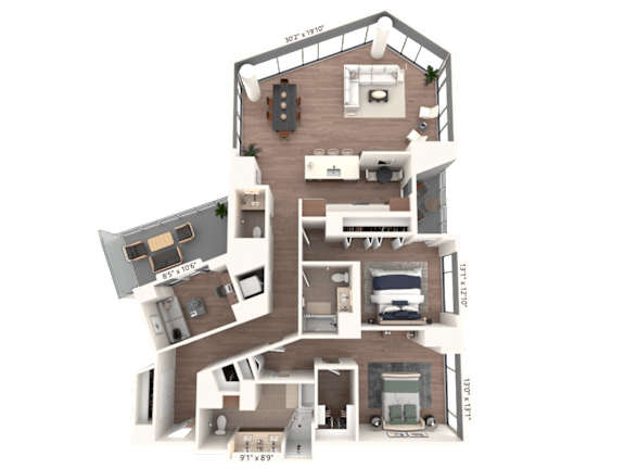 3D floor plan with two bedrooms and balcony space at Cassidy on Canal Apartments, Illinois, 60606