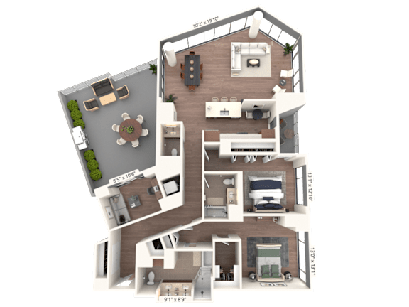 3D floor plan with two bedrooms and outdoor terrace at Cassidy on Canal Apartments, Chicago, IL 60606
