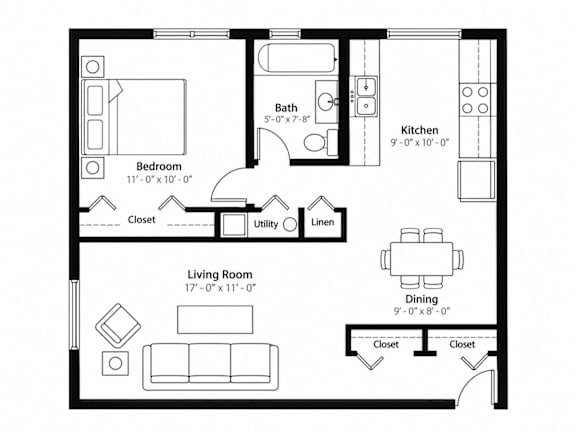 A black and white image of a floor plan for an apartment.