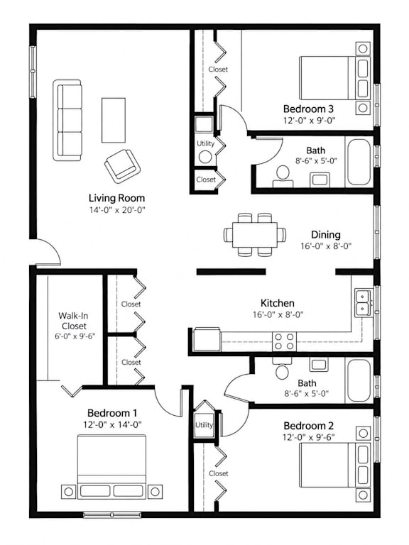 A floor plan of a small apartment with a living room, two bedrooms, a kitchen, and a bathroom.