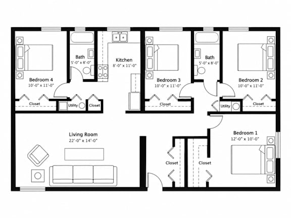 A black and white image of a floor plan for a house with five bedrooms and a living room.