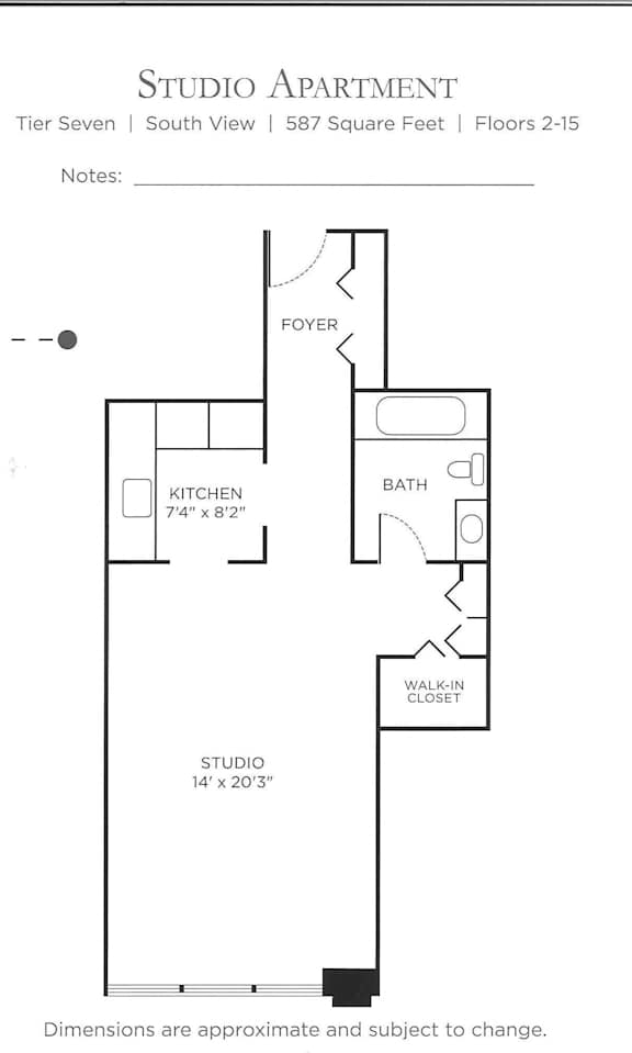 A floor plan for a Studio Apartment in the South View building.