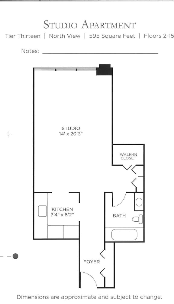 A floor plan for a Studio Apartment on the 13th floor with 595 square feet, featuring a kitchen, bath, and walk-in closet.