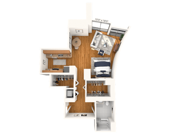 A floor plan of an apartment with a kitchen, living room, and bathroom.