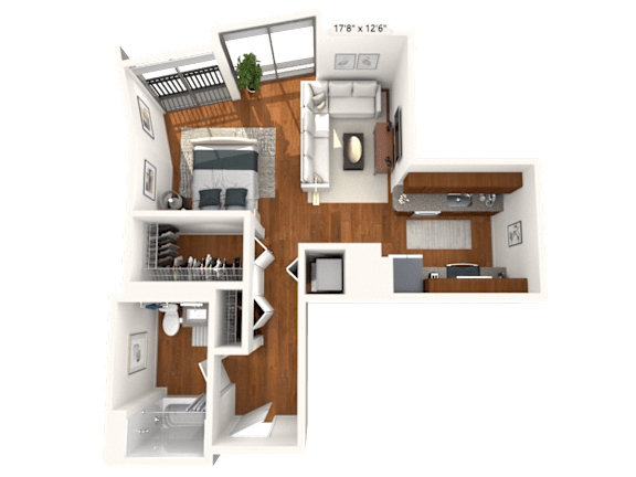 A 3D layout of a studio apartment.